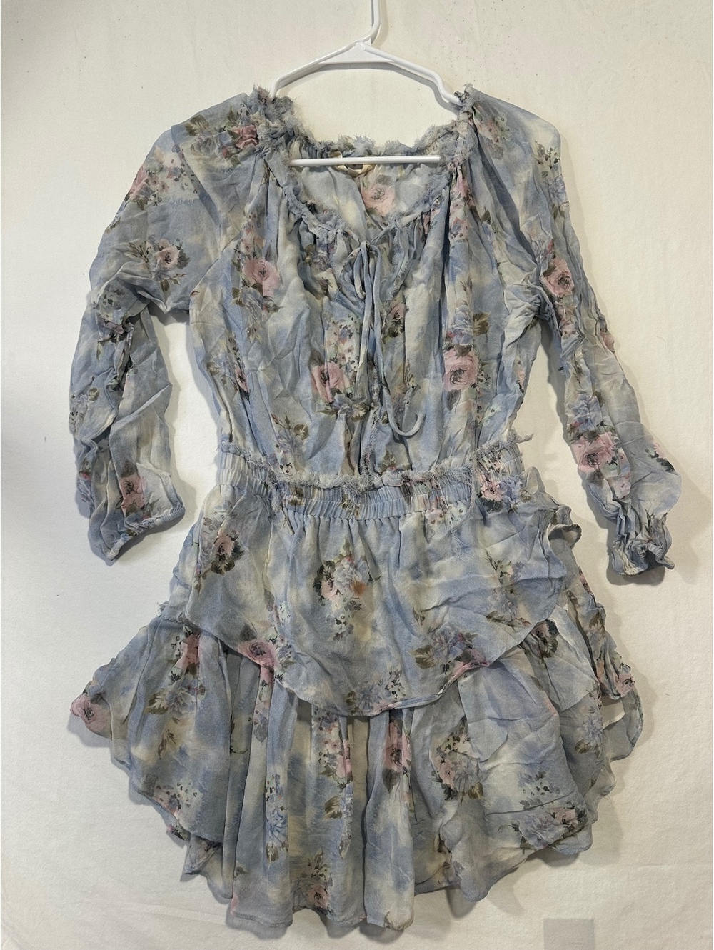 LoveShackFancy 100% Silk Floral Mini Dress Blue Ruffle Long Sleeve Boho Size S